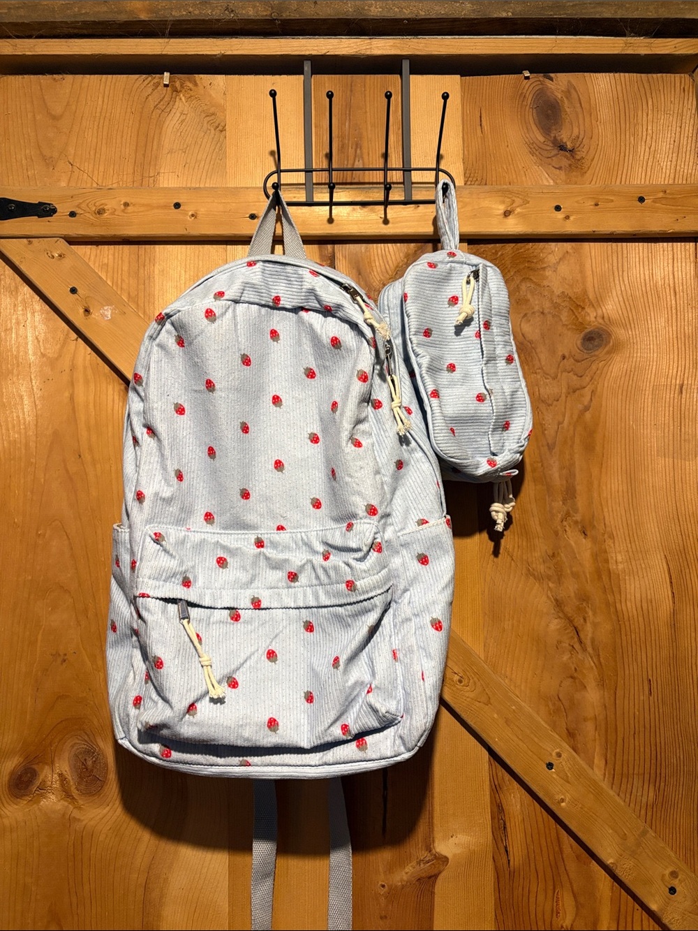 Light Blue Corduroy Kids Backpack with Strawberry Motif and Matching Pouch